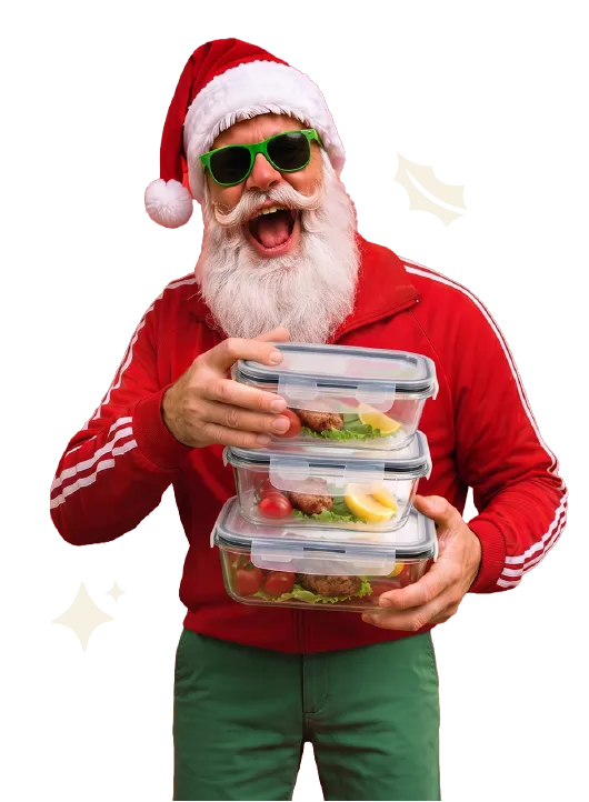 Papá Noel con un set de contenedores de comida